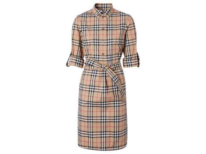 BURBERRY - Robe chemise nouée à la taille en coton stretch Vintage check Multicolore  ref.235864