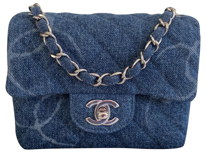 Timeless Chanel Mini bolsa de mão quadrada azul jeans com aba única prata brilhante John  ref.235905