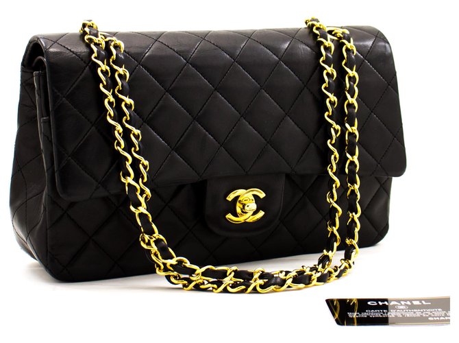Chanel 2.55 solapa forrada 10Bolso de hombro con cadena de piel de cordero negro Cuero  ref.236234