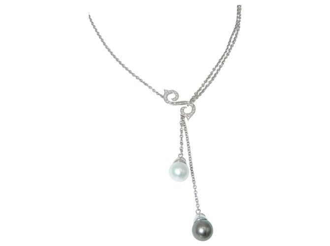 Autre Marque Non signé superbe collier "cravate" or gris et perles Or blanc Bijouterie argentée  ref.236351