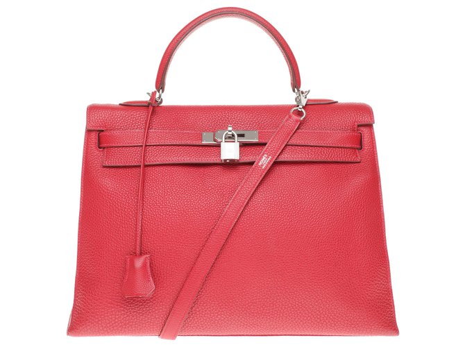 Hermès Splendid Hermes Kelly handbag 35 shoulder strap saddle in red togo, Palladie silver metal trim Leather  ref.236361
