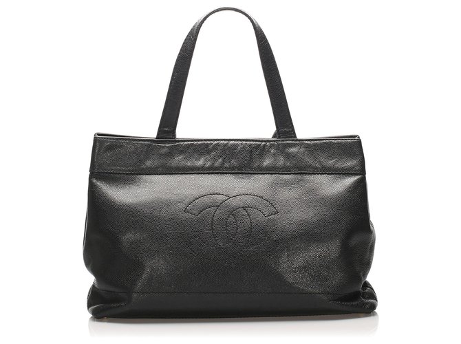 Chanel Black CC Lammfell Leder Einkaufstasche Schwarz  ref.236521