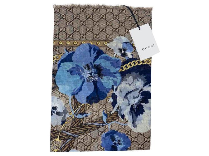 Gucci Stola gg supreme new flower print Azul Multicor Lã  ref.237221
