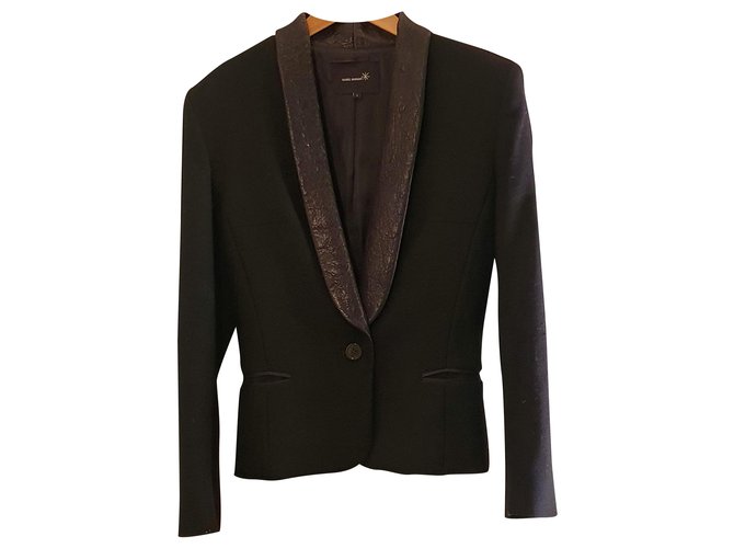 Black Ribbed Isabel Marant Jacket with Leather Lapels Wool  ref.237234