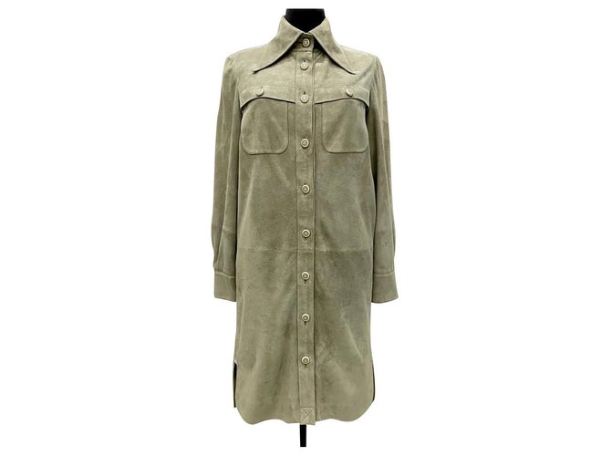 Chanel iconic Make Fashion Not War suit Khaki Suede  ref.237240