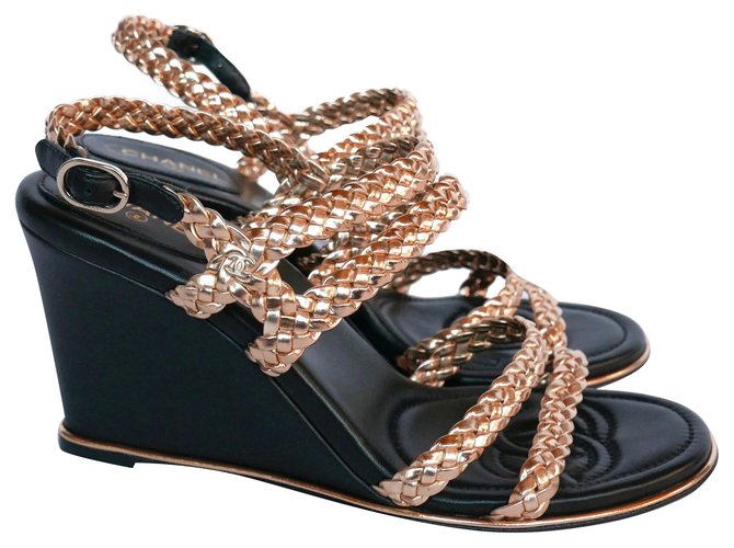 Chanel Gold Braided Wedges Golden Leather  ref.237502