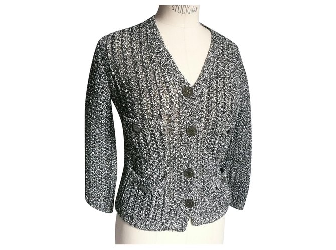 CHANEL Black and white openwork knit jacket T36 Multiple colors Cotton  ref.237521