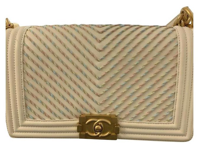 Chanel Embroidered Boy Chevron Medium Cruise Bag 2019 White Golden Eggshell Leather  ref.237560