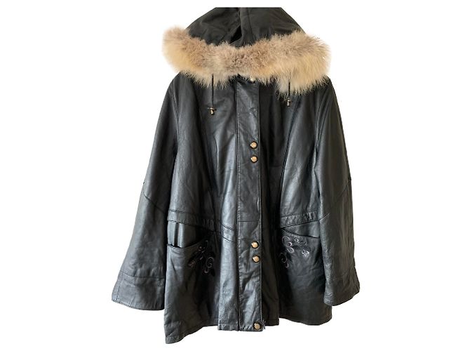 Autre Marque Cappotto in pelle nera e vera pelliccia XXL Nero