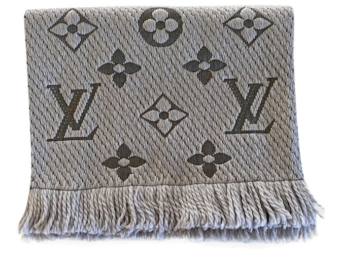 LOUIS VUITTON Wool Silk Logomania Scarf Pearl Grey 1203491