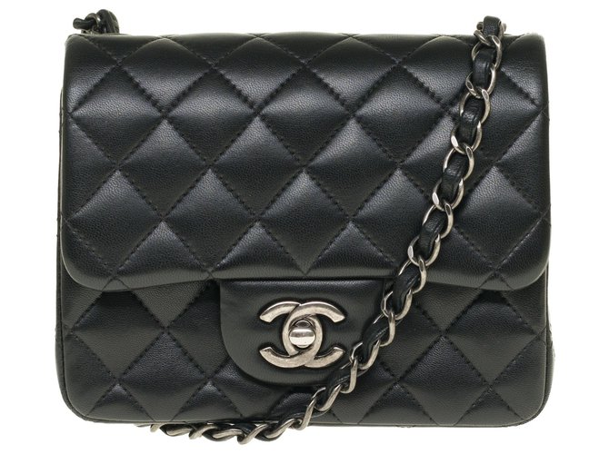 Classique Splendide sac à main Chanel Timeless Mini square en cuir nappa noir, garniture en métal argenté, quasi-neuf !  ref.237956