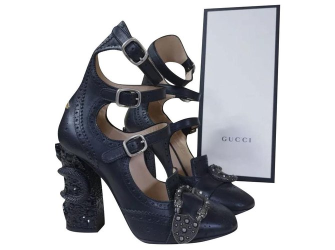Gucci Black Triple-Strap Snake-Heel Pump Sandals Sz 38 Leather  ref.238164