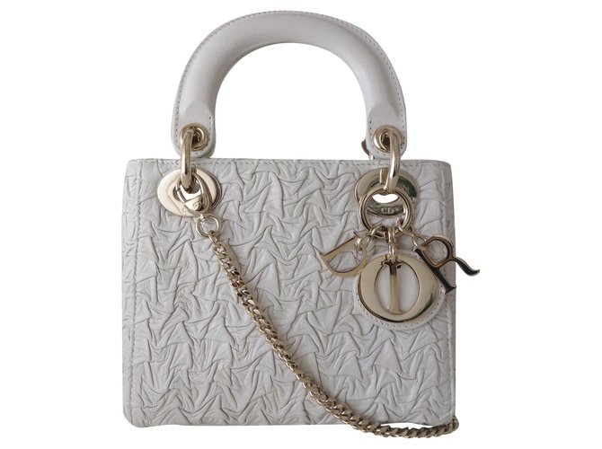 Lady Dior mini white bag Eggshell Leather  ref.238177
