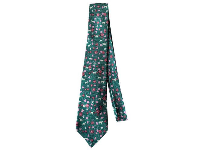Hermès Corbatas Rosa Beige Verde Seda  ref.238315