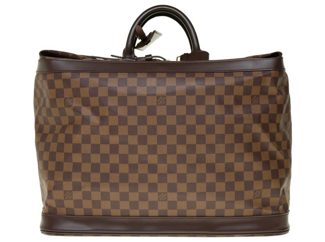 Louis Vuitton Superb "Cruiser" travel bag in ebony checkered canvas and brown leather, garniture en métal doré Cloth  ref.238381