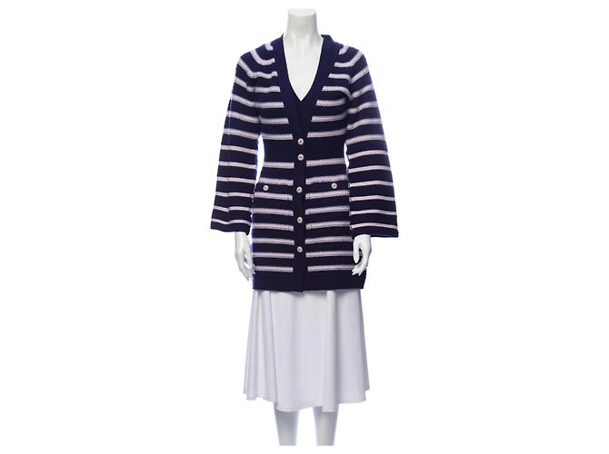 Chanel Gestreiftes Kaschmir Cardigan Set Blau