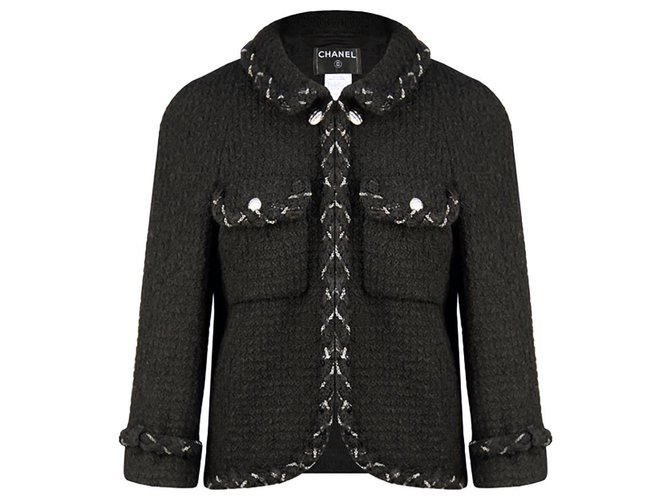 Chanel chaqueta icónica con ribete de cadena Negro Tweed  ref.239031