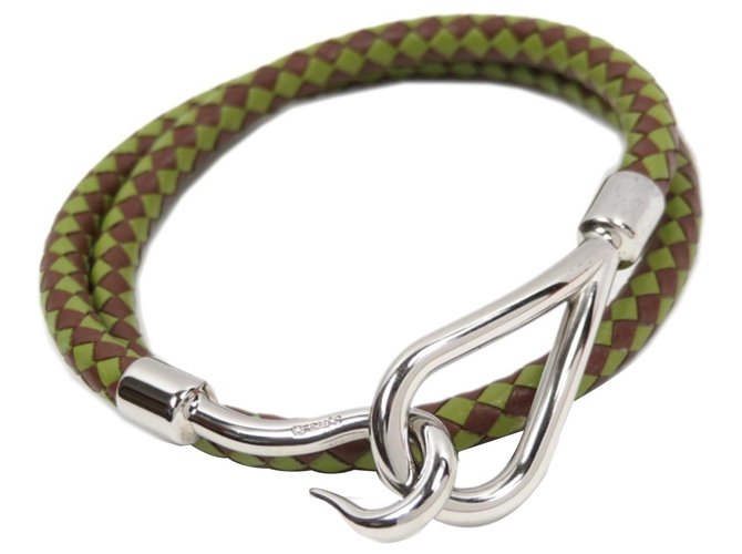Hermès Pulsera de cuero con brazalete trenzado verde Hermes Plata Metal  ref.239779