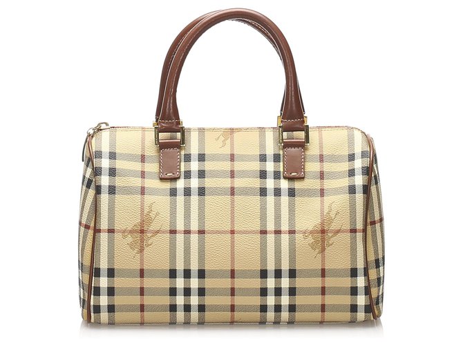 Burberry Brown Haymarket Check Canvas Boston Bag Multiple colors Beige Leather Cloth Pony-style calfskin Cloth  ref.239789