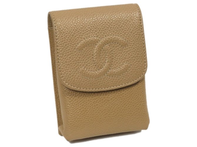 Chanel Brown CC Caviar Cigarette Case Beige Leather  ref.239795