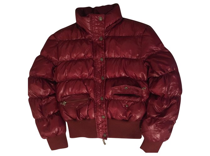 Dark red puffer clearance coat