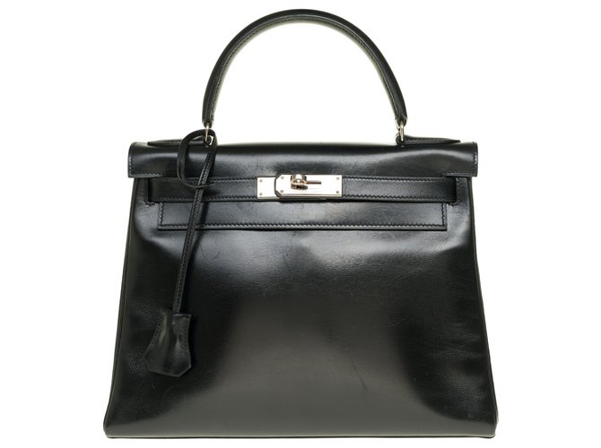 Espléndido Hermès Kelly 32 devuelto en caja de cuero y adornos de metal plateado paladio Negro  ref.239982