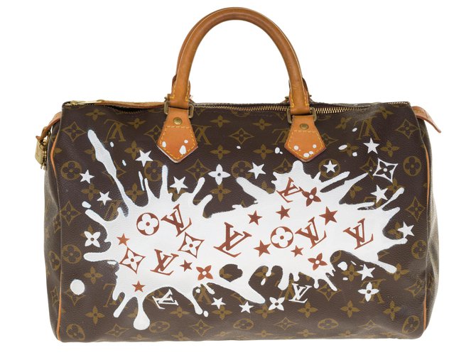 Superb Creation of Louis Vuitton Speedy Handbag 35 in custom monogram canvas "Fancy" by artist PatBo Brown Cloth  ref.240392