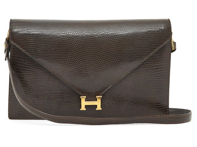 Hermès LYDIE BROWN LIZARD BAG CLUTCH Exotic leather  ref.240497