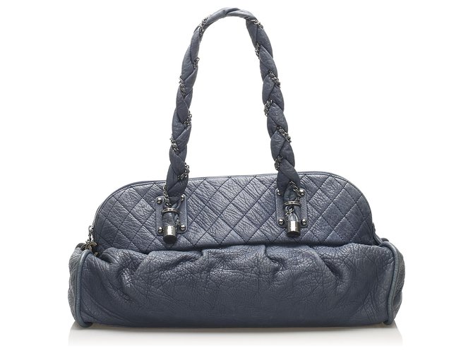 Bolso de hombro de piel de cordero Chanel Lady Braid azul Azul oscuro Cuero  ref.240858