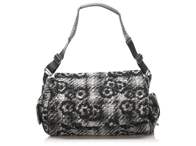 Chanel Black Camellia Tweed Shoulder Bag Grey Cloth  ref.240881