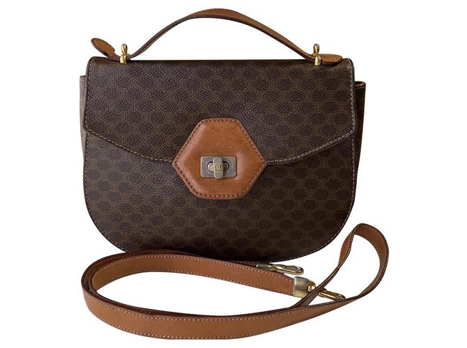 Céline Celine Old Vintage Macadam Pattern 2way Pochette Handbag PVC x Leather Shoulder Brown  ref.241041