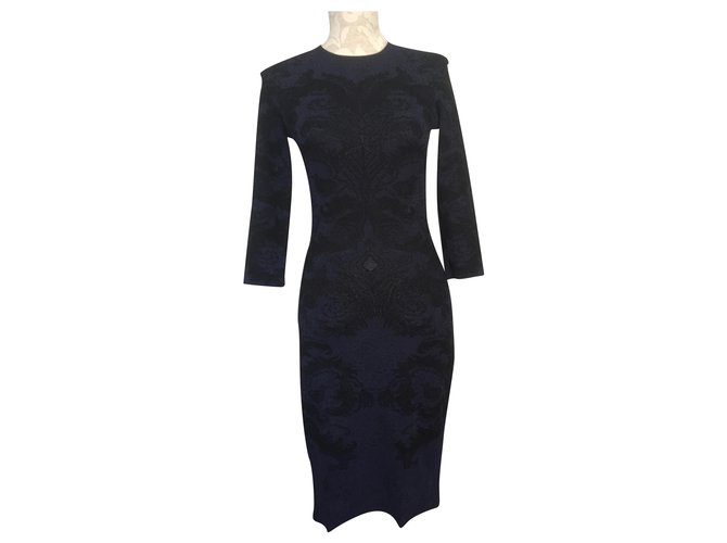 Vestido bicolor con textura de Alexander Mcqueen Negro Azul marino Seda  ref.241058