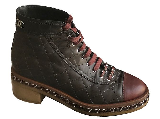 Chanel Chain Around Combat Biker Ankle Boots Brown Dark red Dark brown