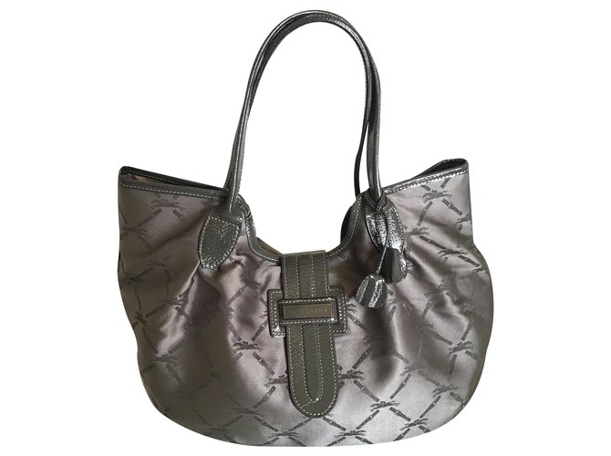 Longchamp Handbags Grey Khaki Patent leather Cloth  ref.241207