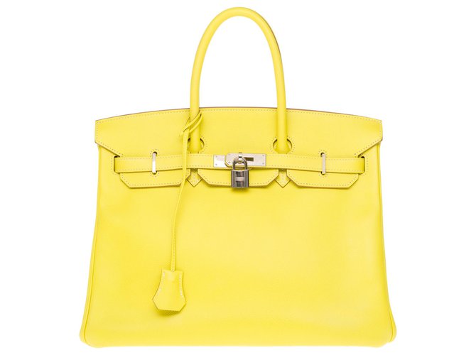 Espléndido y raro bolso de mano Hermès Birkin 35 bicolor en piel epsom amarillo limón, interior gris paloma, Ribete de metal plateado Palladie Cuero  ref.241261
