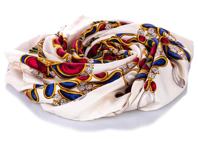 Sciarpa in seta stampata bianca Chanel Bianco Multicolore Panno  ref.241343