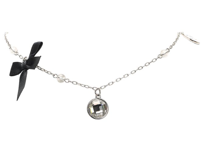 Dior Black Ribbon Pendant Necklace Silvery Metal  ref.241375