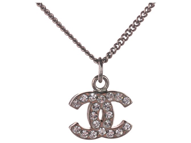 Chanel Silber CC Strass Halskette Metall  ref.241425