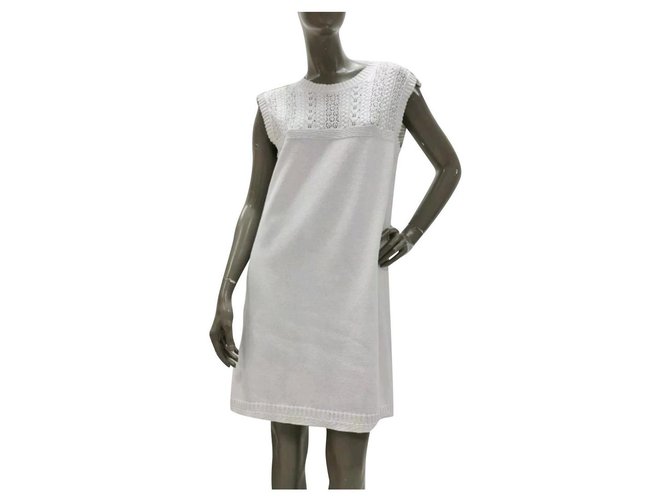 Chanel  CC Logo Buttons Knitted Dress Sz 44 White Cotton  ref.241514