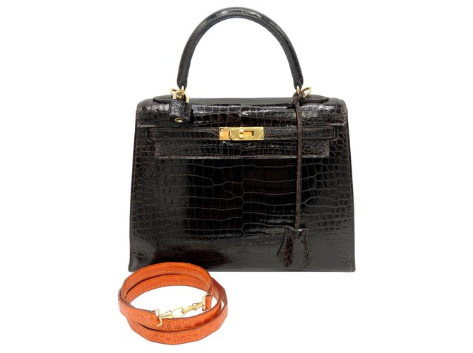 Hermès Hermes Bag Kelly 25 POROSUS Dunkelbraun Exotisches Leder  ref.241533