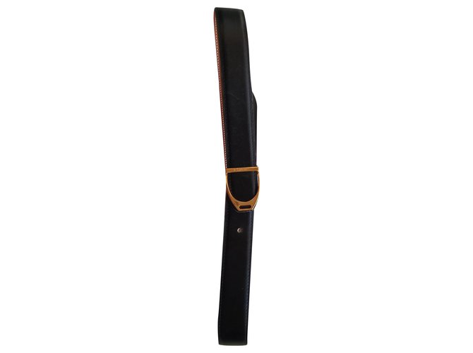 Hermès Cinturones Negro Coñac Cuero  ref.241536
