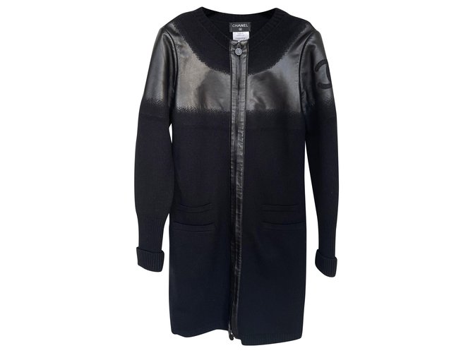 Chanel CC logo leather wool jacket Black  ref.241537