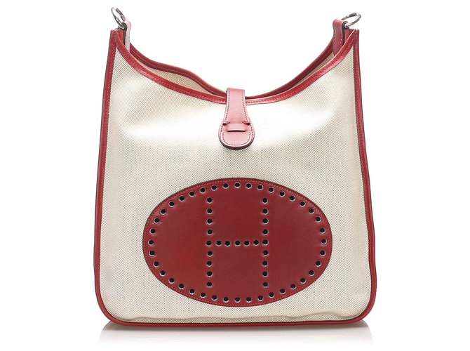 Hermès Hermes White Toile Evelyne GM Red Cream Leather Cloth Pony-style calfskin Cloth  ref.241649