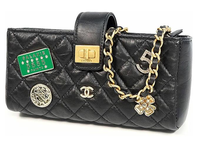 Chanel 2.55 matelasse Stickerei Kette Schulter Smartphone-Tasche Damen Umhängetasche schwarz x Gold Hardware Leder  ref.241826