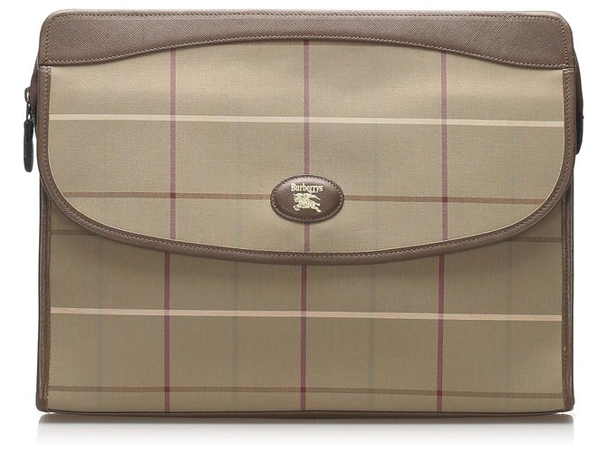 Burberry Brown Canvas Clutch Bag Braun Beige Leder Leinwand Kalbähnliches Kalb Tuch  ref.242023