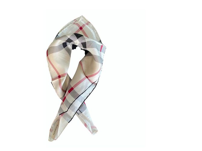 Lenço Burberry de seda bege com xadrez vermelho