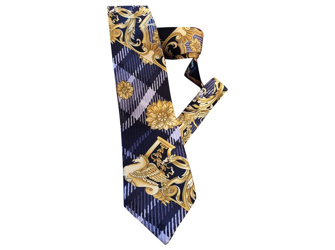 Versace Cravatte Nero Giallo Blu navy Seta  ref.242673