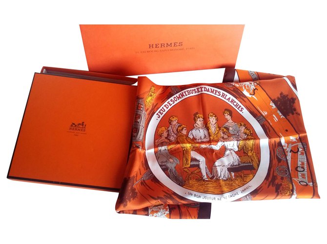 Hermès Anniversary square 1937-1987 "Game of omnibuses and white ladies" Orange Silk  ref.242719