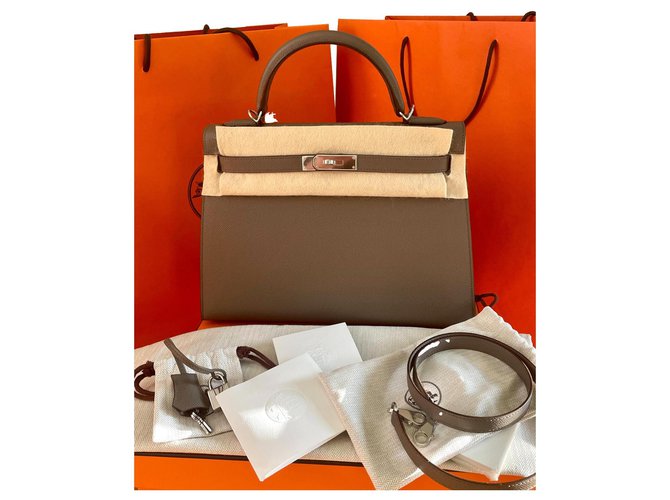 Hermès Kelly 32 Sellier Epsom PHW Grey Leather ref.242753 - Joli Closet
