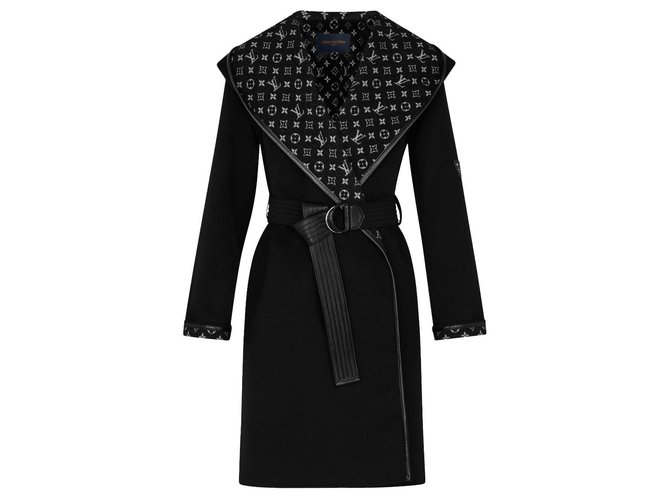 Louis Vuitton Black Wool Monogram Hooded Wrap Coat S - ShopStyle